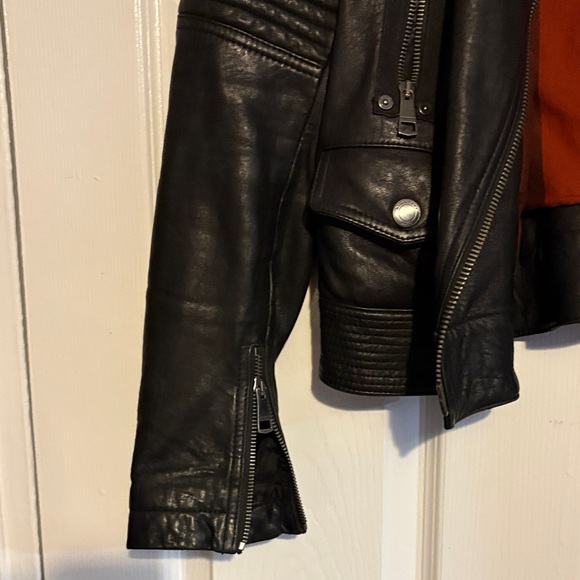 Burberry Brit Black Leather Jacket with Red and Brown Plaid Lining - Picture 4 of 6